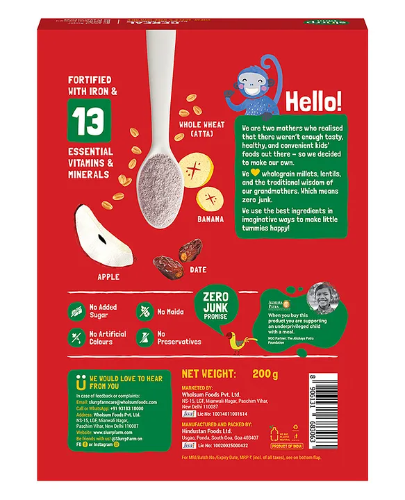 Slurrp Farm Wheat Apple & Banana Instant Healthy Cereal With No Added Sugar - 200 g