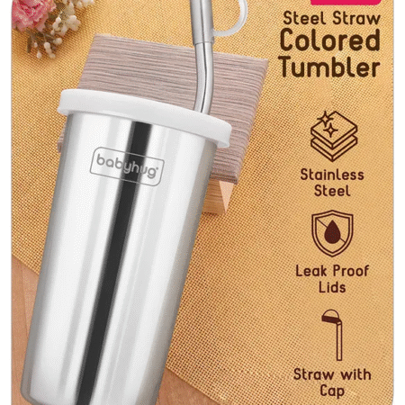 Babyhug Steel Straw Tumbler With Straw Cleaning Brush Silver - 450 ml