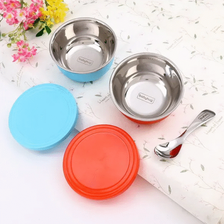 Babyhug Stainless Steel Spill Proof Bowl Set Of 2 With Spoon (Colour May Vary)