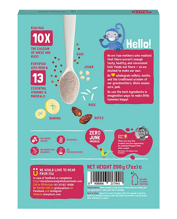 Slurrp Farm Mildly Sweetened with Date Powder, No Added Sugar Instant Cereal | Ragi, Rice and Banana with Milk