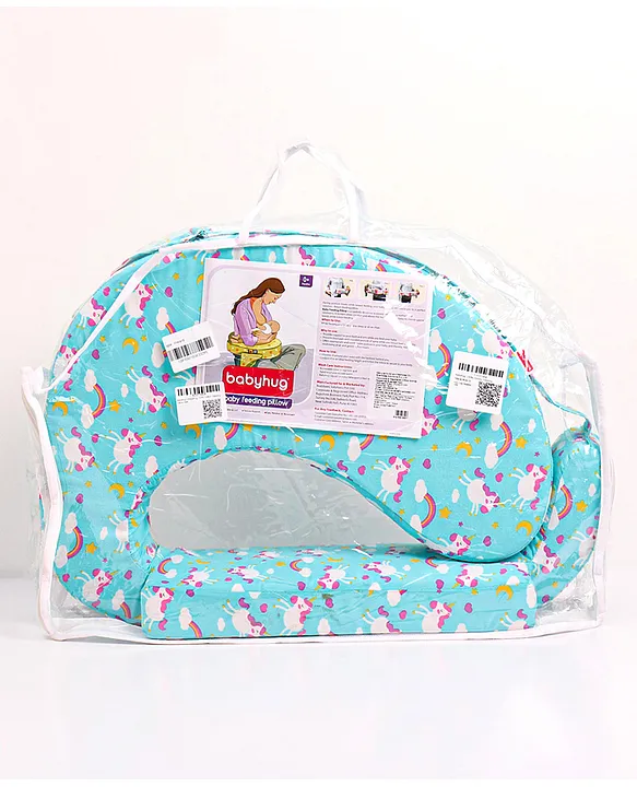 Babyhug Cotton Feeding Pillow With Belt Unicorn Print - Blue