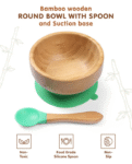 Fab N Funky Bamboo Wooden Round Bowl with Spoon & Suction Base - Green