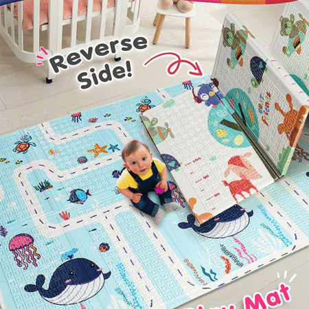 Intelliskills Extra Large Reversible Jungle Animals & Ocean Life Baby Learning & Crawling Foldable Play Mat | Waterproof | Anti-Skid | 6.5 x 4.5 ft, 0.6cm Thick