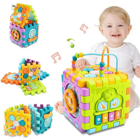 ADKD 6 Slide Intelligence Learning Musical Kids Shape Sorter Activity Cube Game - Multicolor