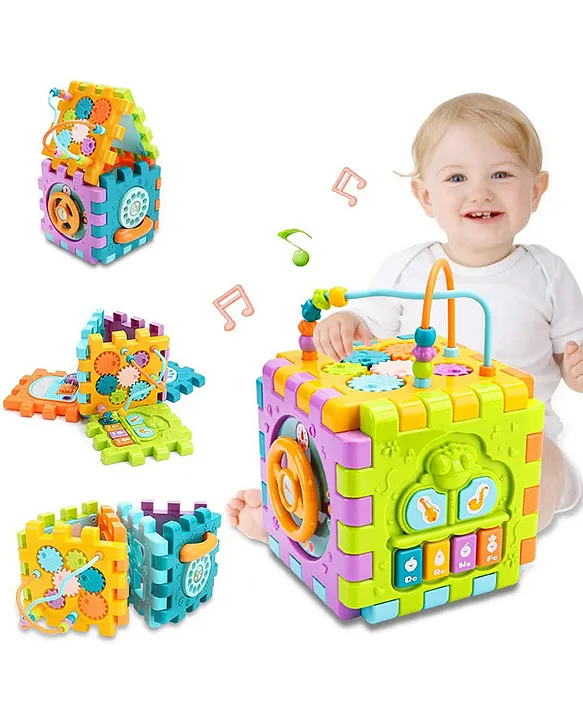 ADKD 6 Slide Intelligence Learning Musical Kids Shape Sorter Activity Cube Game - Multicolor