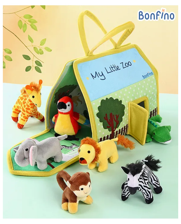 Bonfino Premium My Little Zoo House with Carry Handle| 7 Jungle Safari Plush Figurines Toys| Lion, Parrot, Crocodile, Elephant, Monkey, Giraffe, Zebra| Pretend Play| Education and Montessori Learning Toy| BIS Certified| Gifting Toy