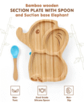 Fab N Funky Elephant Shaped Bamboo Wooden 3 Compartment Section Plate with Spoon Suction Base - Beige & Blue
