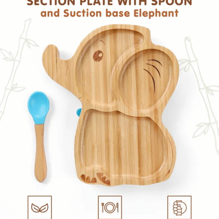 Fab N Funky Elephant Shaped Bamboo Wooden 3 Compartment Section Plate with Spoon Suction Base - Beige & Blue