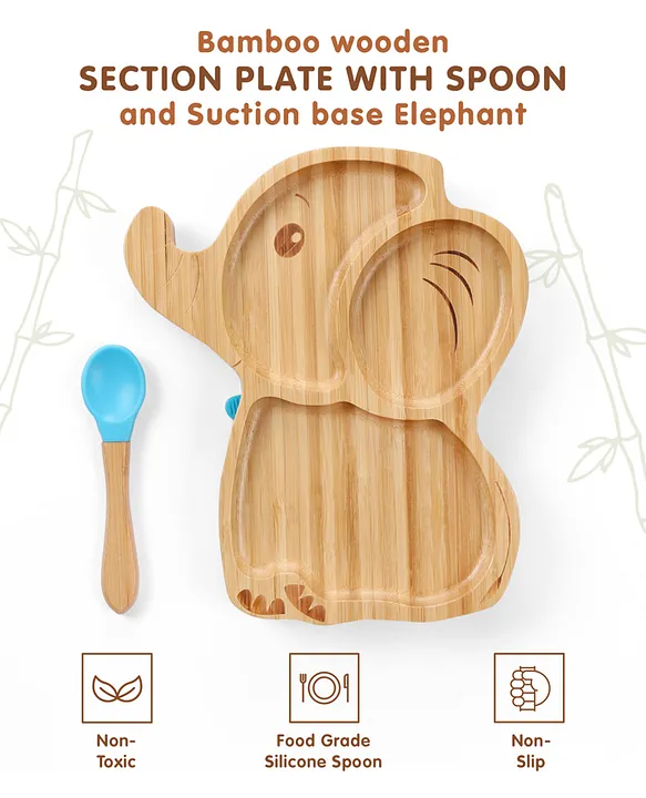 Fab N Funky Elephant Shaped Bamboo Wooden 3 Compartment Section Plate with Spoon Suction Base - Beige & Blue