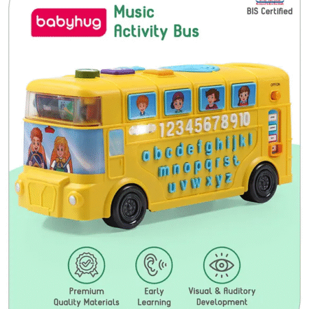 Baby hug Premium Musical Activity Yellow School Bus for Kids Vehicle Toy with Alphabets, Numbers Light & Music| Interactive Early Learning Toy | Best Birthday Gift| BIS Certified