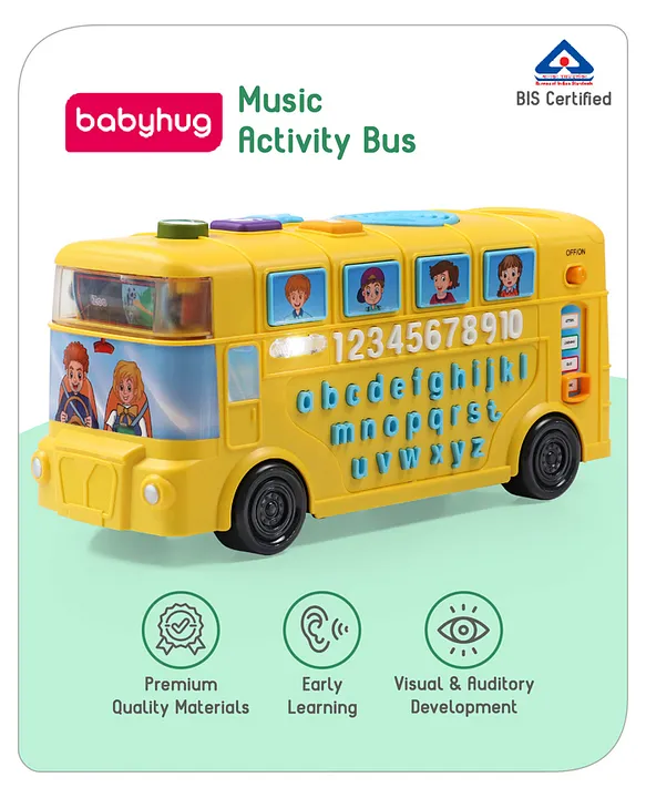 Baby hug Premium Musical Activity Yellow School Bus for Kids Vehicle Toy with Alphabets, Numbers Light & Music| Interactive Early Learning Toy | Best Birthday Gift| BIS Certified