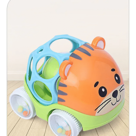 Babyhug Premium Tiger Free Wheel Car Cum Orange Rattle Toy| Fun, Flexible, and Soothing Rattle Toy for Kids Gifting Toy| Child Safe Material| Improves Motor Skills| Early Development Toys for 3+ Months| Non-Toxic| BIS Certified