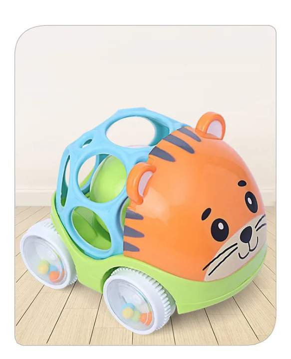 Babyhug Premium Tiger Free Wheel Car Cum Orange Rattle Toy| Fun, Flexible, and Soothing Rattle Toy for Kids Gifting Toy| Child Safe Material| Improves Motor Skills| Early Development Toys for 3+ Months| Non-Toxic| BIS Certified