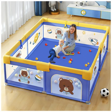 StarAndDaisy 'We Care' Playpen for Baby Portable and Play Yard for Kids with Teddy Bear Print Blue 120cm x 120cm