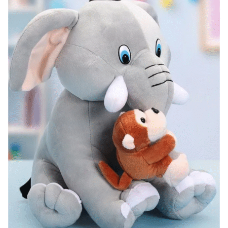 Babyhug Elephant with attached Monkey Soft Toy for Kids|Huggable Plush Animal Duo for Snuggles,Imaginative Play & Emotional Development|Cuddly Toy ideal for gifting|2+ Years|BIS|Height-30 cm