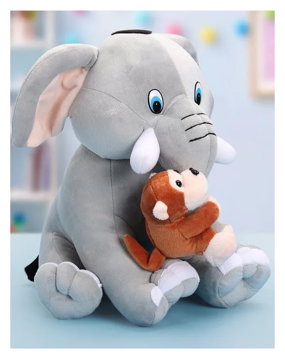 Babyhug Elephant with attached Monkey Soft Toy for Kids|Huggable Plush Animal Duo for Snuggles,Imaginative Play & Emotional Development|Cuddly Toy ideal for gifting|2+ Years|BIS|Height-30 cm