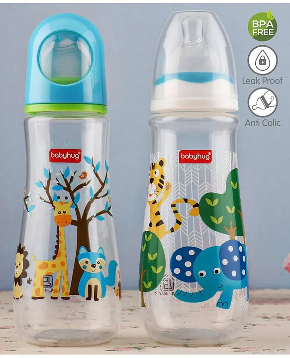 Babyhug Feeding Bottle Animal Print Blue And White Pack of 2 - 250 ml each