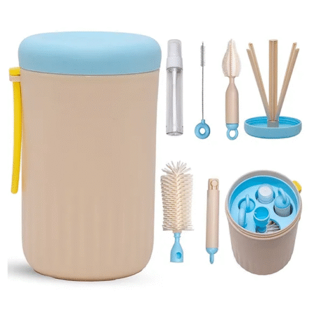 Adore Advanced PRACTO-The Smart Travel Bottle Cleaning Brush Kit & Drying Rack with Storage Case- Blue