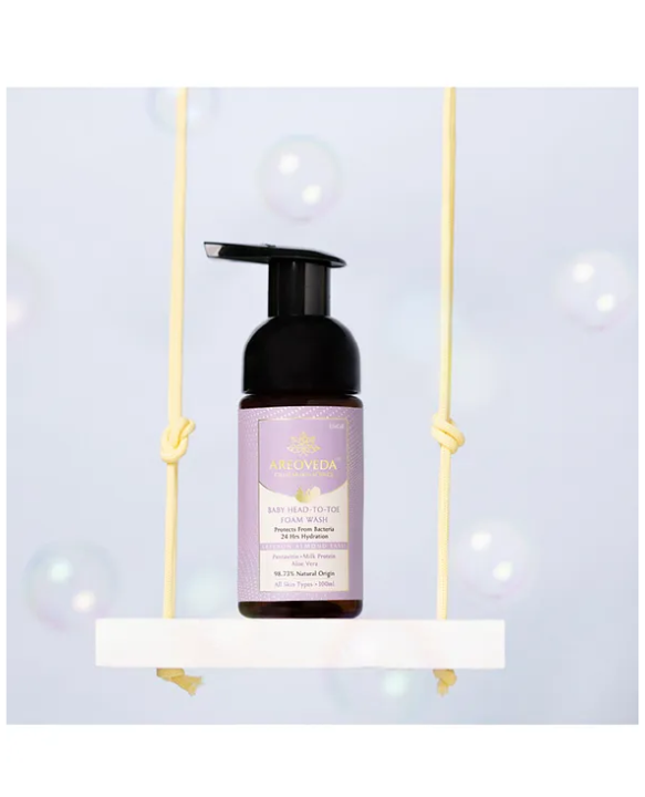AREOVEDA Areoveda Baby Head-To-Toe Foam Wash & Shampoo with Saffron Extract | 24 Hrs Hydration & Fights Acne-Causing Germs | All Skin Types, 100ml