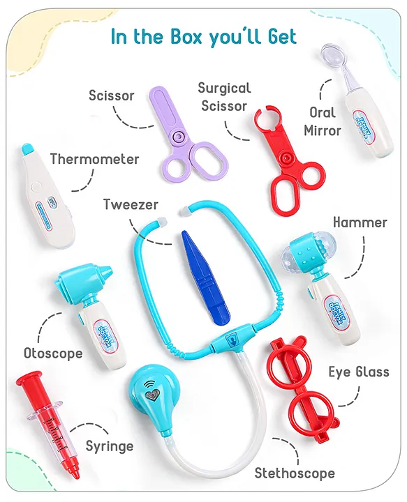 Babyhug Pretend Play Doctor Set with LED Lights&Realistic Medical Instruments| Wheeled Suitcase with Storage Tray for Role Play Fun Durable ABS Plastic|2+ Years Ideal for gifting|15 Pcs|BIS Certified