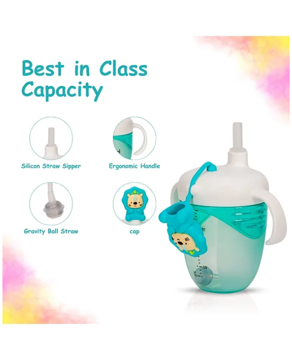 Adore Simbha- The Silicon Straw Sipper with Gravity Ball & Twin Handle 210ml - Blue