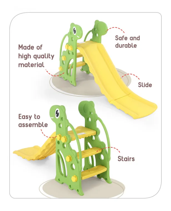 Babyhug Yellow and Green Dino Slide for Kids at Home(L 4.43 x B 1.48 x H 2.46) ft| Mini Freestanding Foldable Indoor Slider for 2-4 Years Kids| Child Safe Material| BIS Certified