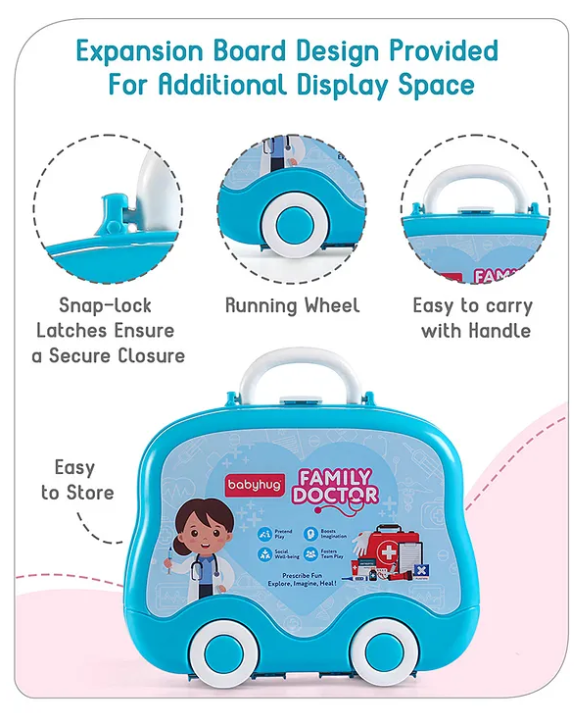 Babyhug Pretend Play Doctor Set with LED Lights&Realistic Medical Instruments| Wheeled Suitcase with Storage Tray for Role Play Fun Durable ABS Plastic|2+ Years Ideal for gifting|15 Pcs|BIS Certified