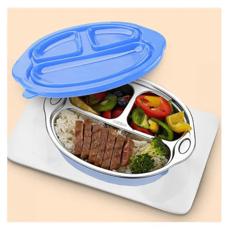 StarAndDaisy Stainless Steel Kids Dinner Plates with Three Compartments, bottom suction cups, Spill-Proof & Mess-Free Feeding for Babies Blue