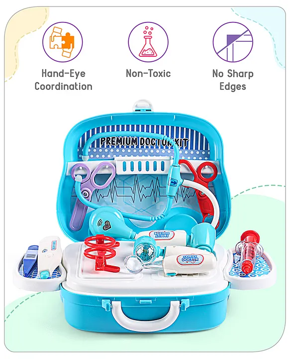 Babyhug Pretend Play Doctor Set with LED Lights&Realistic Medical Instruments| Wheeled Suitcase with Storage Tray for Role Play Fun Durable ABS Plastic|2+ Years Ideal for gifting|15 Pcs|BIS Certified