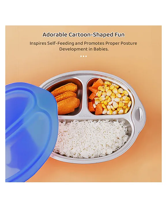StarAndDaisy Stainless Steel Kids Dinner Plates with Three Compartments, bottom suction cups, Spill-Proof & Mess-Free Feeding for Babies Blue