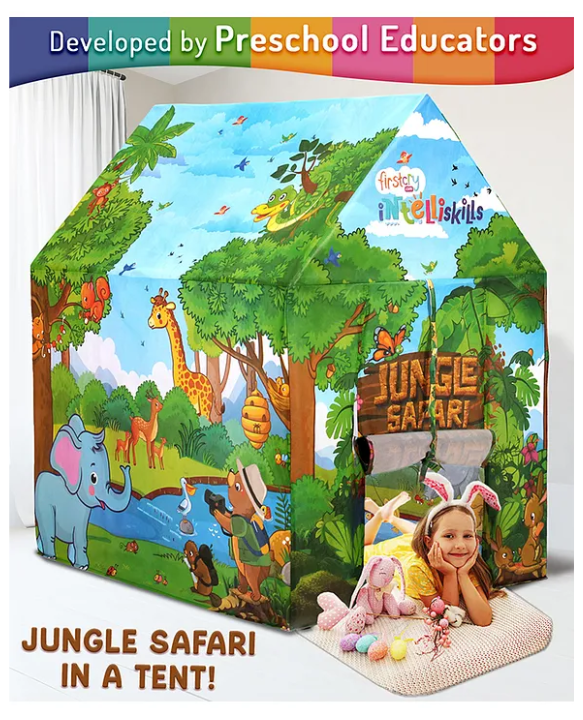Intelliskills Premium Jungle Safari Themed Foldable Hut Size Tent House for Kids | Indoor & Outdoor Play | Printed Portable Playhouse for Boys & Girls | Play Tent for Kids | Ideal for Gifting | Lightweight | Multicolored | BIS Approved
