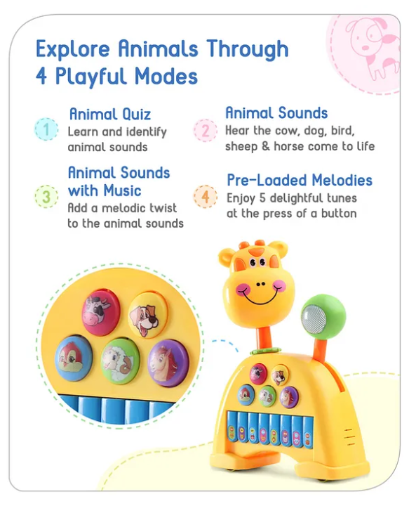 Babyhug Musical Light & Sound Giraffe Piano with 5 Modes of Animal Sound (Colour May Vary)| Soothing Melodies| Interactive Modes| Spinning Wheel| Ideal Gifting Option