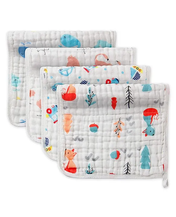 Mom's Home 6 Layered Muslin Burp Cloth Set of 4 (Prints May Vary) - White