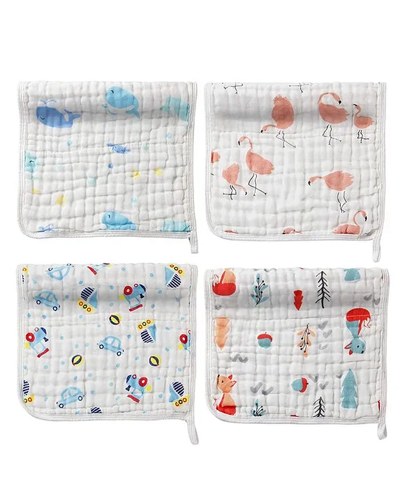 Mom's Home 6 Layered Muslin Burp Cloth Set of 4 (Prints May Vary) - White