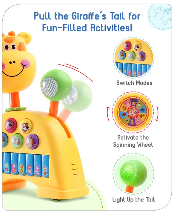 Babyhug Musical Light & Sound Giraffe Piano with 5 Modes of Animal Sound (Colour May Vary)| Soothing Melodies| Interactive Modes| Spinning Wheel| Ideal Gifting Option