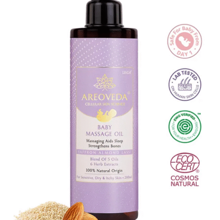 AREOVEDA Areoveda Baby Massage Oil I Sweet Almond Oil & Ghee | Regular Massage Strengthens Bones | Aids Sleep | Ideal For 0+ Months, 200ml