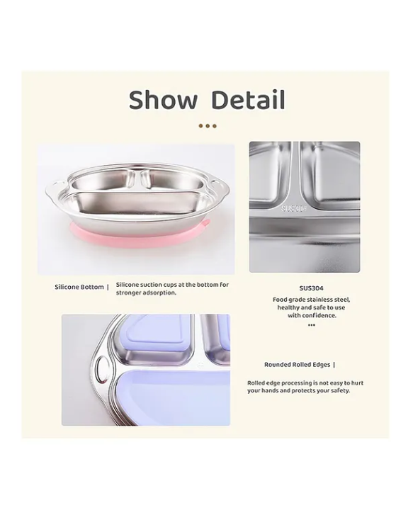 StarAndDaisy Stainless Steel Kids Dinner Plates with Three Compartments, bottom suction cups, Spill-Proof & Mess-Free Feeding for Babies Blue