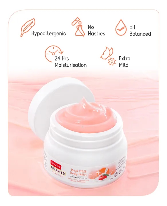 Babyhug Advanced Sensitive Peach Milk Butter - 100 g, For Sensitive Face and Body, Light Cream Texture