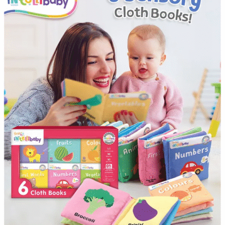 Intellibaby 6 Crinkling Sensory Cloth Book Set for Babies | Animals, Fruits, Vegetables, Colors, First Words, and Numbers | Soft & Safe Tactile Play | Educator Recommended