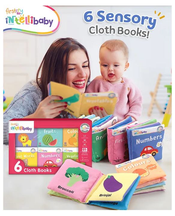 Intellibaby 6 Crinkling Sensory Cloth Book Set for Babies | Animals, Fruits, Vegetables, Colors, First Words, and Numbers | Soft & Safe Tactile Play | Educator Recommended