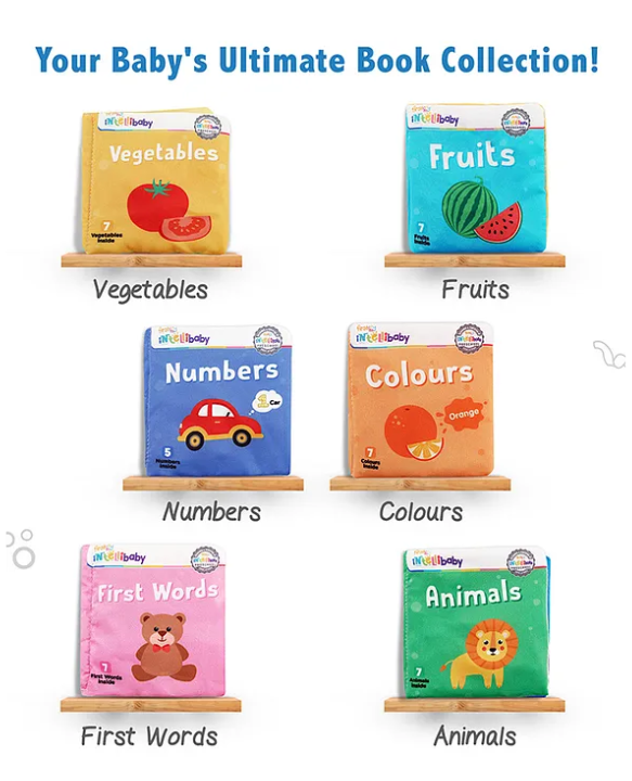 Intellibaby 6 Crinkling Sensory Cloth Book Set for Babies | Animals, Fruits, Vegetables, Colors, First Words, and Numbers | Soft & Safe Tactile Play | Educator Recommended