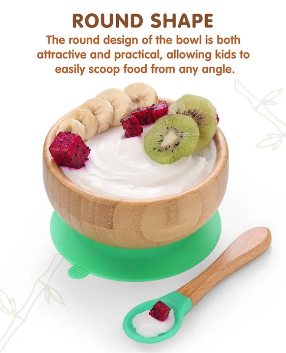 Fab N Funky Bamboo Wooden Round Bowl with Spoon & Suction Base - Green