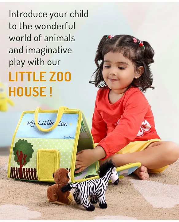 Bonfino Premium My Little Zoo House with Carry Handle| 7 Jungle Safari Plush Figurines Toys| Lion, Parrot, Crocodile, Elephant, Monkey, Giraffe, Zebra| Pretend Play| Education and Montessori Learning Toy| BIS Certified| Gifting Toy