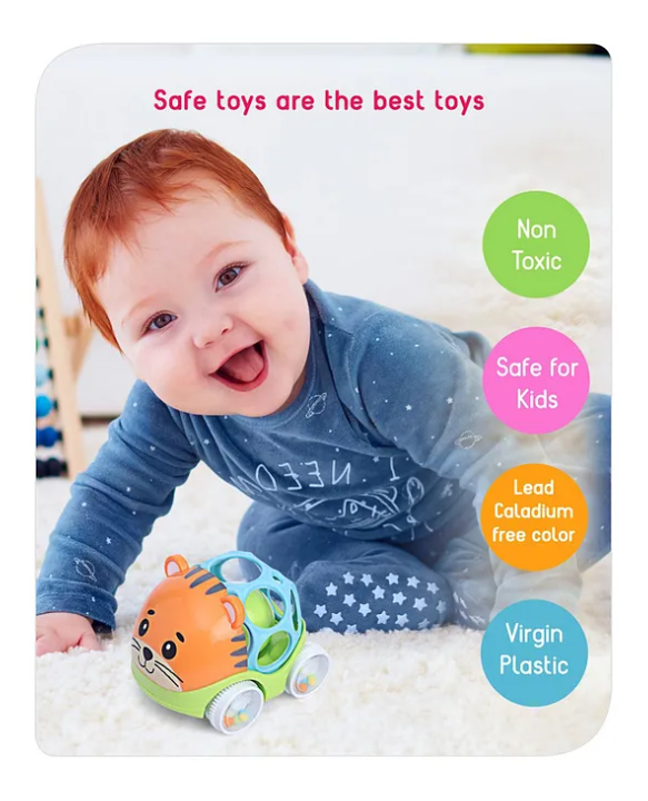 Babyhug Premium Tiger Free Wheel Car Cum Orange Rattle Toy| Fun, Flexible, and Soothing Rattle Toy for Kids Gifting Toy| Child Safe Material| Improves Motor Skills| Early Development Toys for 3+ Months| Non-Toxic| BIS Certified