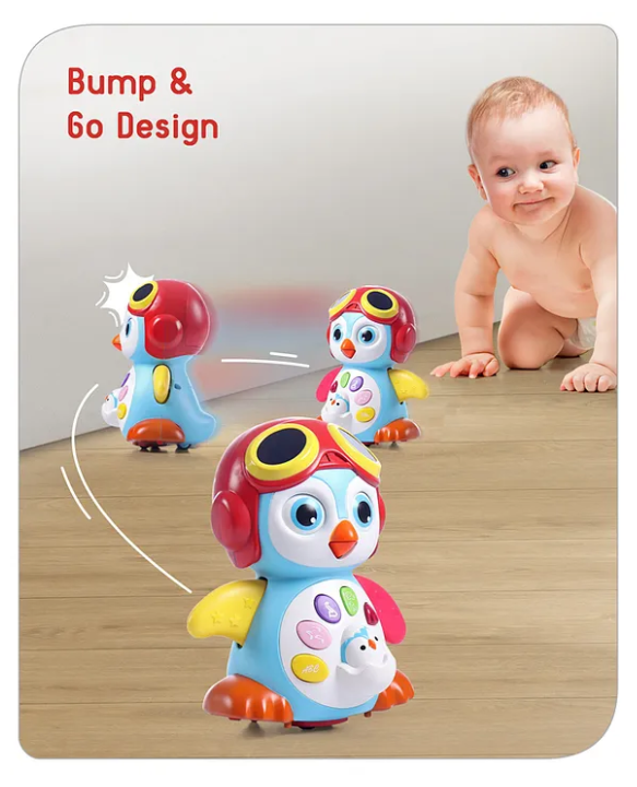 Babyhug Premium 3 in 1 Bump and Go Smart Swing Penguin Colorful Toy for Babies| Eye Blinking Animal Toy With Music, Lights & Sounds For 0-2 Years| Fun Learning Toy for Kids| Best Gift for Toddlers| Non-Toxic| BIS Certified