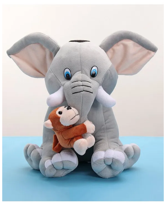 Babyhug Elephant with attached Monkey Soft Toy for Kids|Huggable Plush Animal Duo for Snuggles,Imaginative Play & Emotional Development|Cuddly Toy ideal for gifting|2+ Years|BIS|Height-30 cm