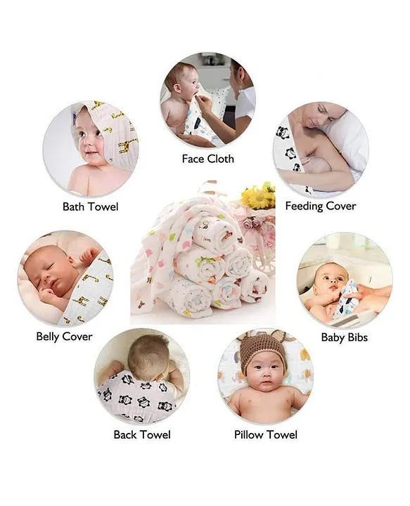 Mom's Home 6 Layered Muslin Burp Cloth Set of 4 (Prints May Vary) - White