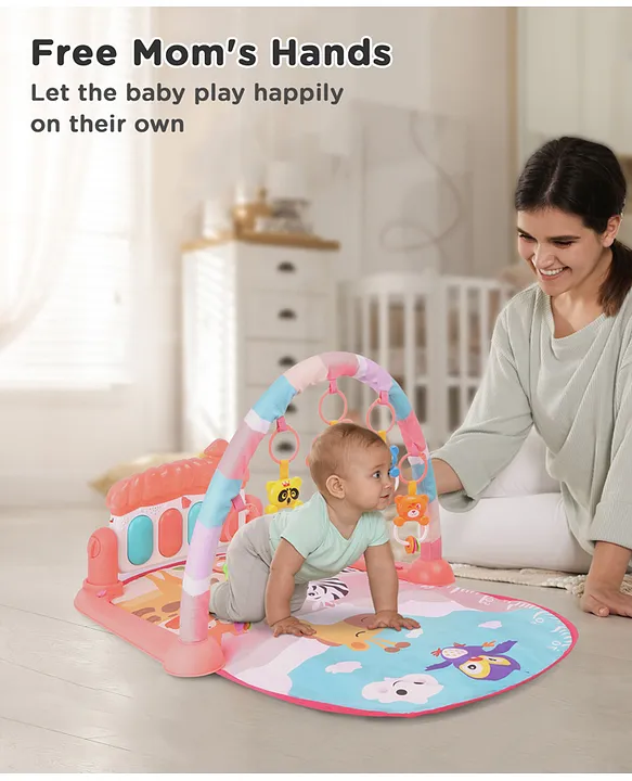 Play Nation Premium Baby Kick and Play Piano Peach Play Gym with Lights, Music and 5 Hanging Rattles| Animal Theme Play Mat Carpet with Musical Keyboard| Activity Portable Playmat Gifting Toy for 0-18 Months| BIS Certified