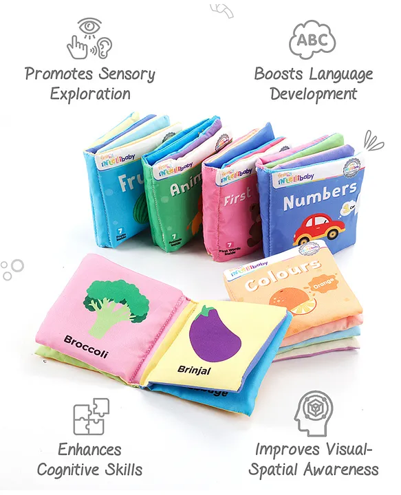 Intellibaby 6 Crinkling Sensory Cloth Book Set for Babies | Animals, Fruits, Vegetables, Colors, First Words, and Numbers | Soft & Safe Tactile Play | Educator Recommended