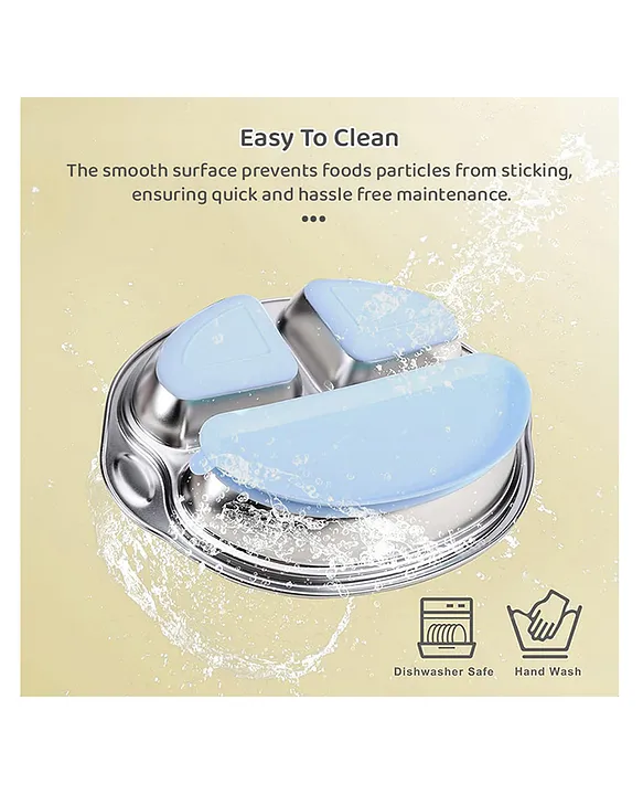 StarAndDaisy Stainless Steel Kids Dinner Plates with Three Compartments, bottom suction cups, Spill-Proof & Mess-Free Feeding for Babies Blue